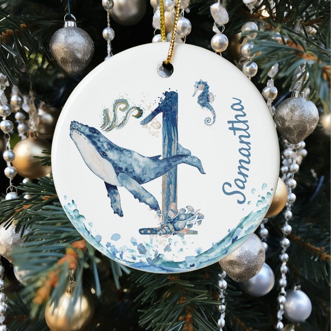 One First Birthday Child Personalized Whale Cerami Ceramic Ornament (Creator Uploaded)