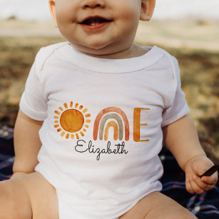 One First Birthday Name Boho Rainbow and Sun  T-Shirt