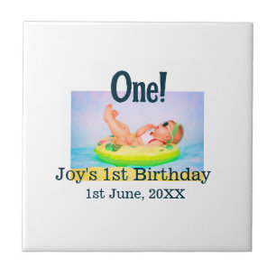 One first birthday photo modern add name date  ceramic tile