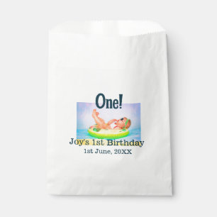 One first birthday photo modern add name date  favor bag