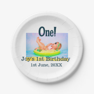 One first birthday photo modern add name date  paper plates