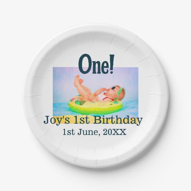 One first birthday photo modern add name date  paper plates (Front)