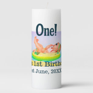 One first birthday photo modern add name date  pillar candle