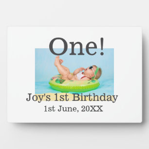 One first birthday photo modern add name date plaque