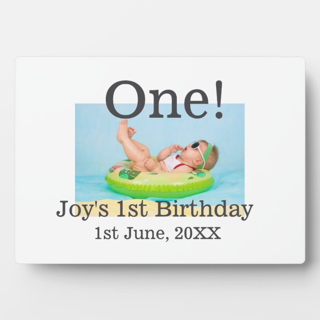 One first birthday photo modern add name date  plaque (Front)