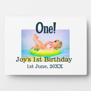 One first birthday photo modern add name date plaque