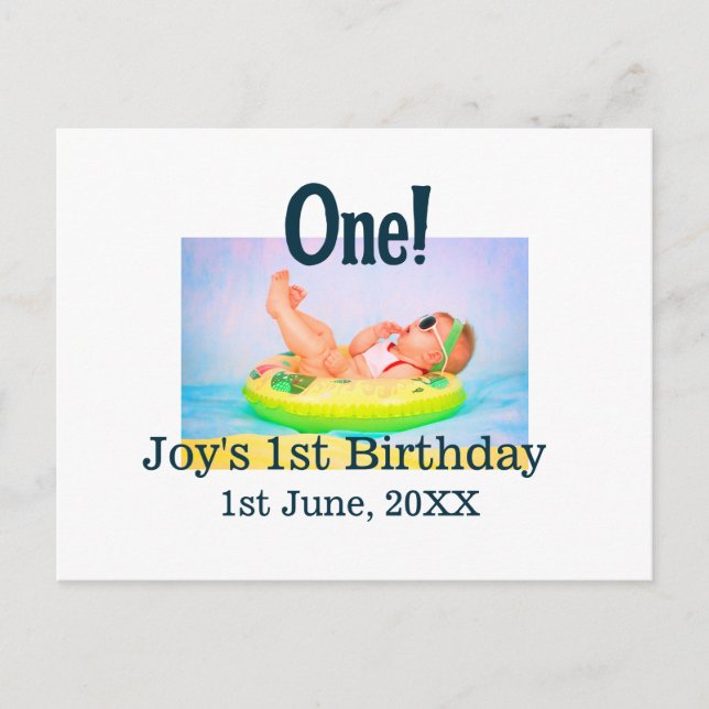 One first birthday photo modern add name date  postcard (Front)