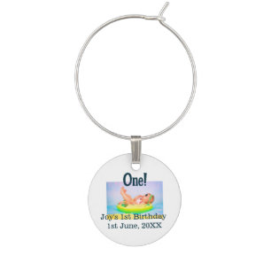 One first birthday photo modern add name date wine charm