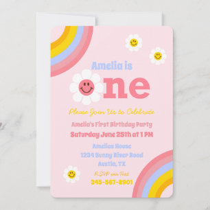 One First Birthday Smile Daisy Cute Pastel Girls Invitation
