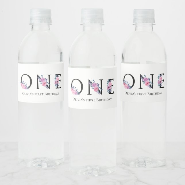 One, Floral First Birthday Water Bottle Label (Bottles)
