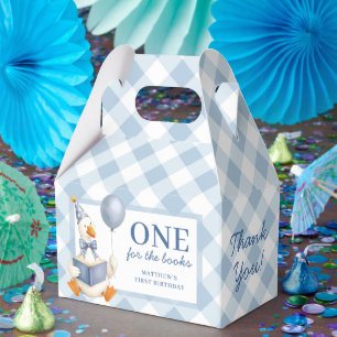 One For The Books 1st Birthday Blue Gingham Favor Boxes
