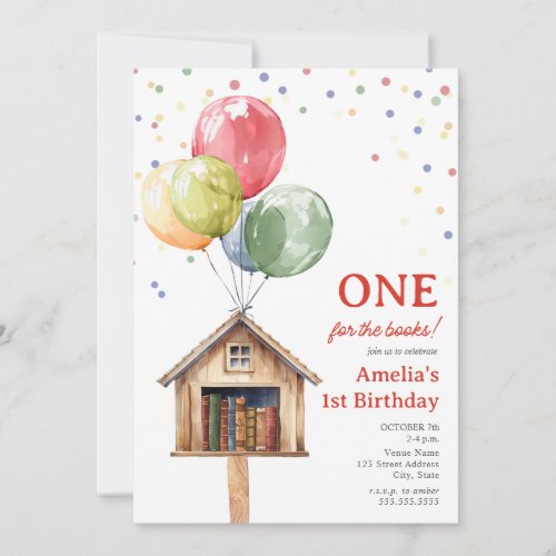 One For The Books Library Balloons First Birthday Invitation