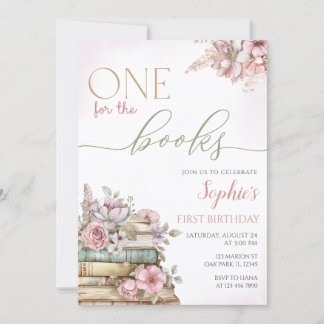 One for the books Pink Book First Birthday Invitation