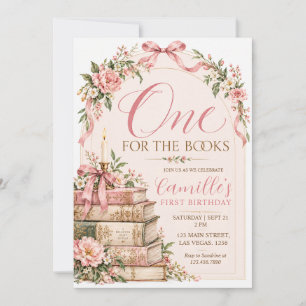 One for the Books Pink Floral First Birthday Invitation