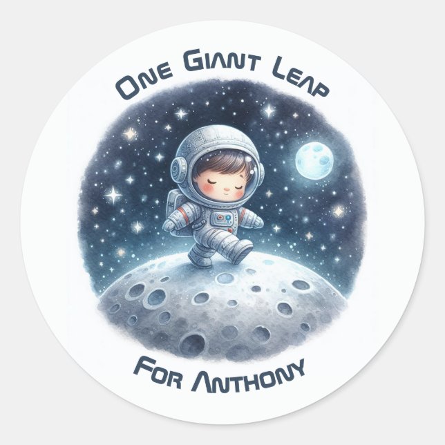 One Giant Leap Astronaut Boy Birthday Party Classic Round Sticker (Front)