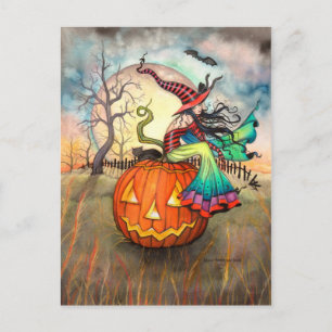 One Giant Pumpkin Halloween Witch Art Postcard