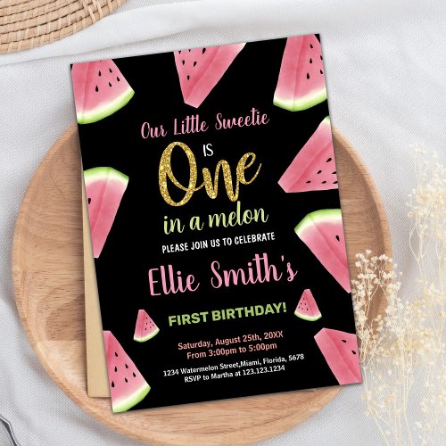 One Giltter Slices Watermelon Birthday Invitations