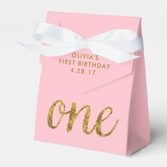 One Glitter  1st Birthday Pink and Gold Favor Boxes (Front Side)