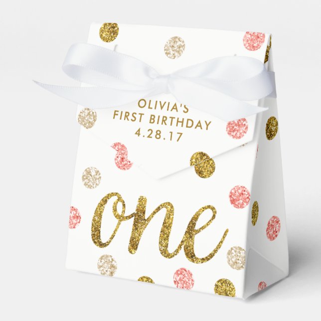 One Glitter Confetti 1st Birthday Pink and Gold Favor Boxes (Front Side)