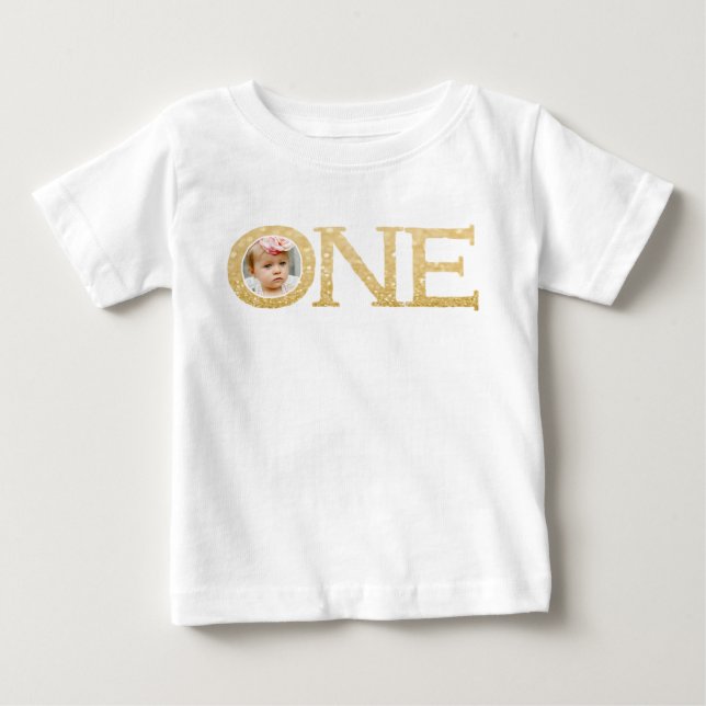 One Gold Glittery Photograph Personalized Baby T-Shirt (Front)