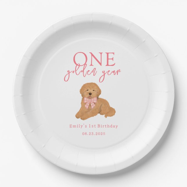 One Golden Year Doodle Puppy First Birthday Party Paper Plates (Front)