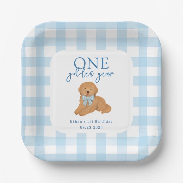 One Golden Year Golden Doodle Boys Birthday Paper Plates (Front)