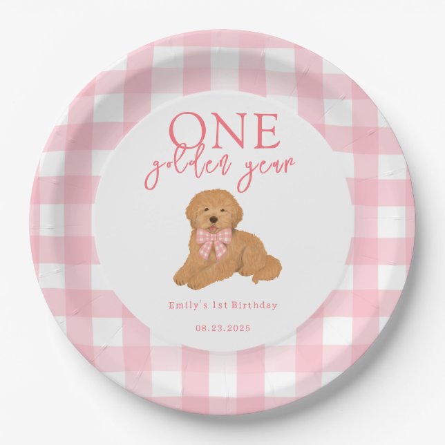 One Golden Year Golden Doodle Girls Birthday Paper Plates (Front)