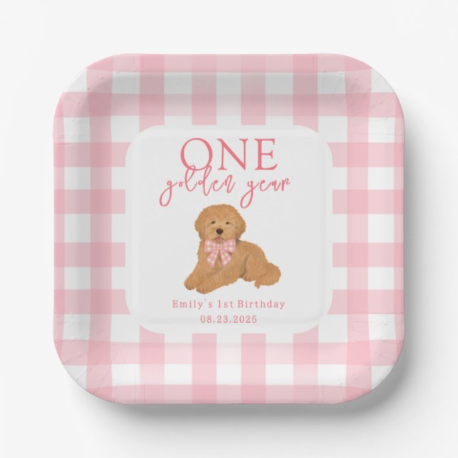 One Golden Year Golden Doodle Girls Birthday Paper Plates (Front)