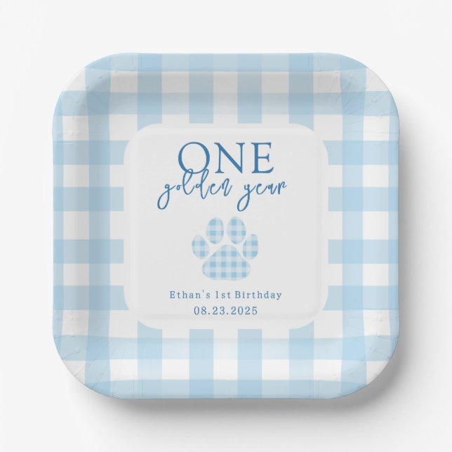 One Golden Year Golden Retriever Boys Birthday Paper Plates (Front)