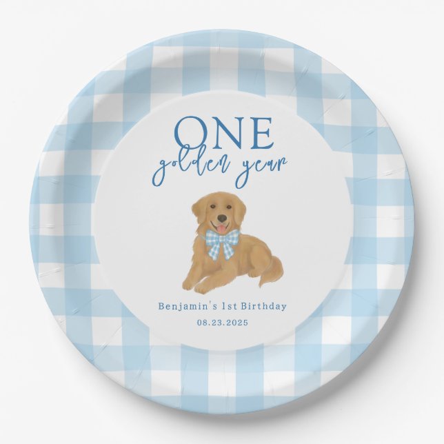 One Golden Year Golden Retriever Boys Birthday Paper Plates (Front)