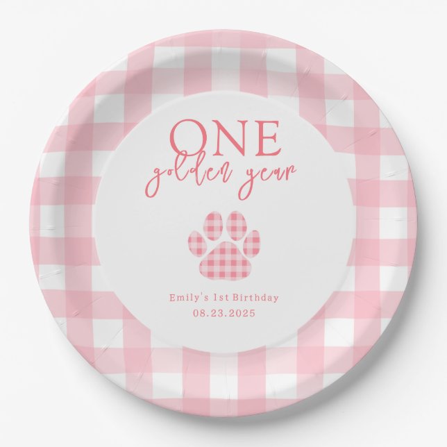 One Golden Year Golden Retriever Girls Birthday Paper Plates (Front)