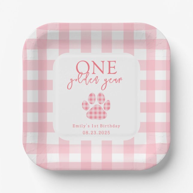 One Golden Year Golden Retriever Girls Birthday Paper Plates (Front)