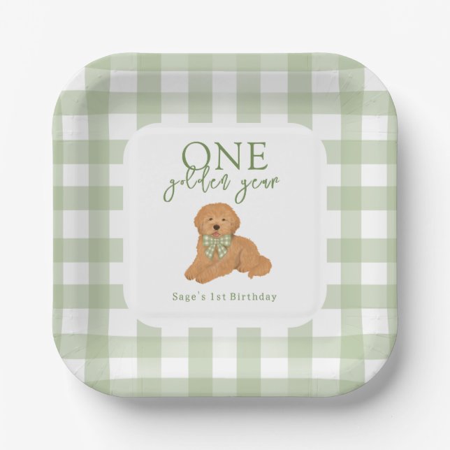 One Golden Year Goldendoodle Birthday Paper Plates (Front)