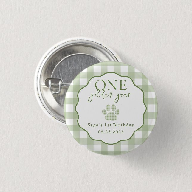 One Golden Year Paw Print First Birthday Party Button (Front & Back)