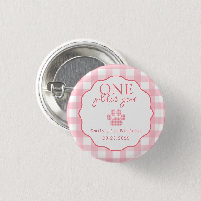 One Golden Year Paw Print First Birthday Party Button (Front & Back)