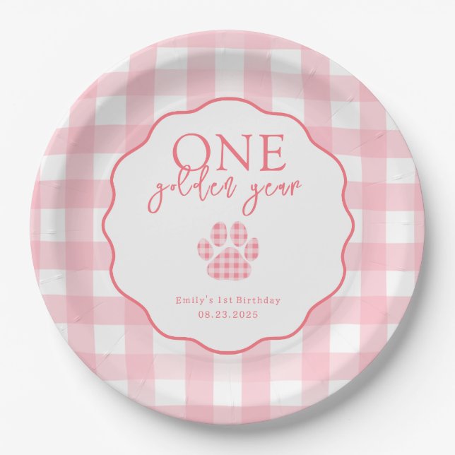 One Golden Year Paw Print First Birthday Party Paper Plates (Front)