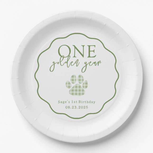 One Golden Year Paw Print First Birthday Party Paper Plates (Front)