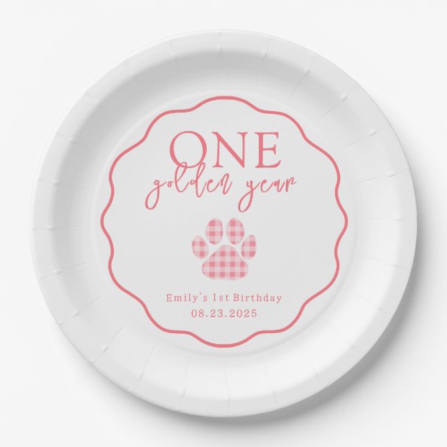 One Golden Year Paw Print First Birthday Party Paper Plates (Front)