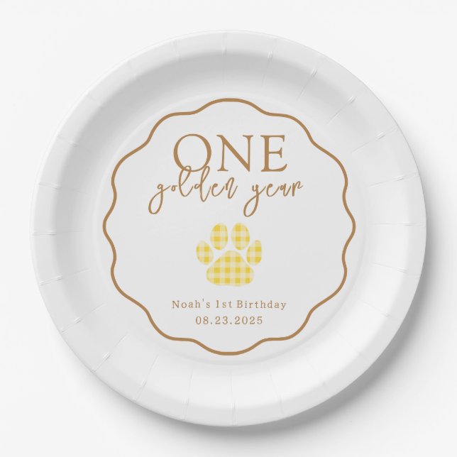 One Golden Year Paw Print First Birthday Party Paper Plates (Front)