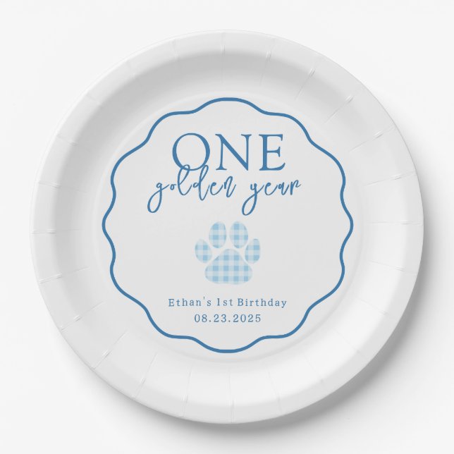 One Golden Year Paw Print First Birthday Party Paper Plates (Front)