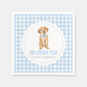One golden year Puppy preppy plaid 1st birthday Napkins