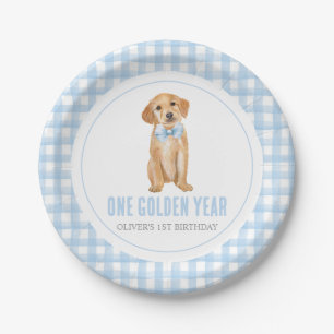 One golden year Puppy preppy plaid 1st birthday Paper Plates