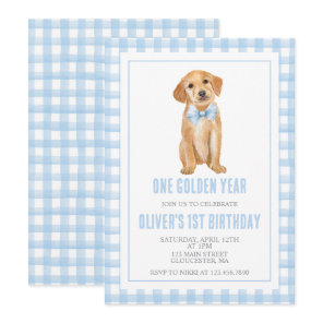 One Golden Year Puppy preppy plaid birthday Invitation