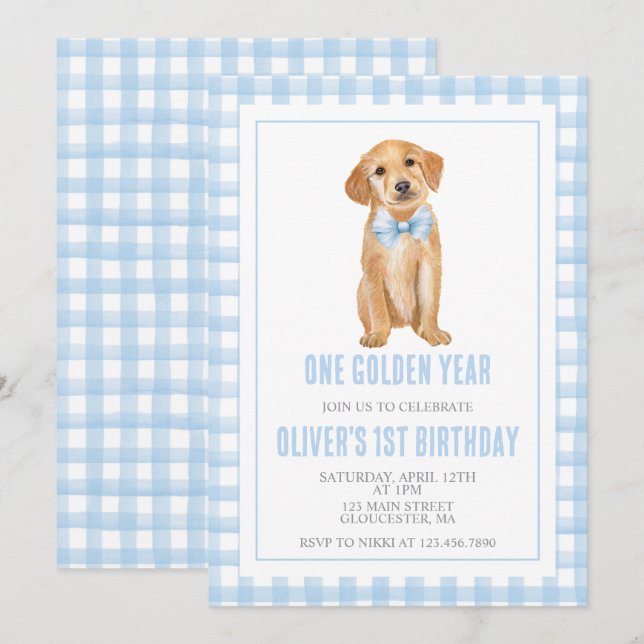 One Golden Year Puppy preppy plaid birthday Invitation (Front/Back)