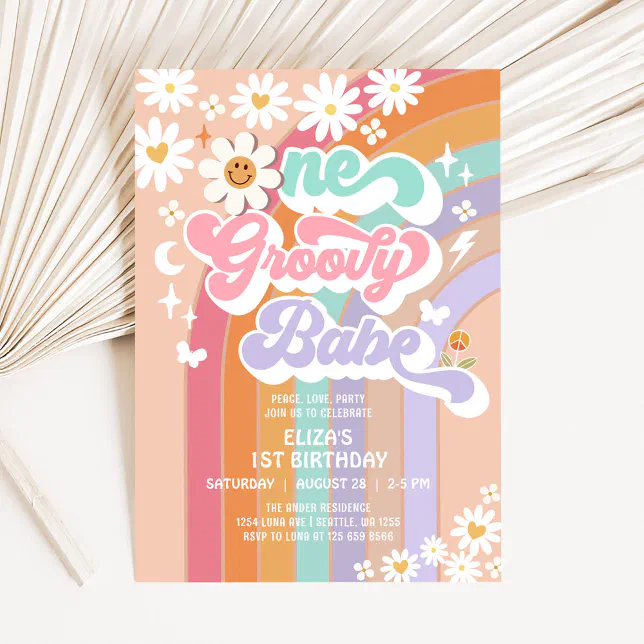 One Groovy Babe 1st Daisy Rainbow Birthday Invitation | Zazzle