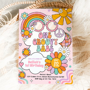 One Groovy Babe 70s Flower Power Rainbow Birthday Invitation