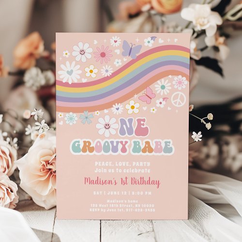 One Groovy Babe 70s Hippie Flower Rainbow Birthday Invitation