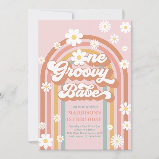 One Groovy Babe Boho Daisy Rainbow 1st Birthday Invitation (Front)