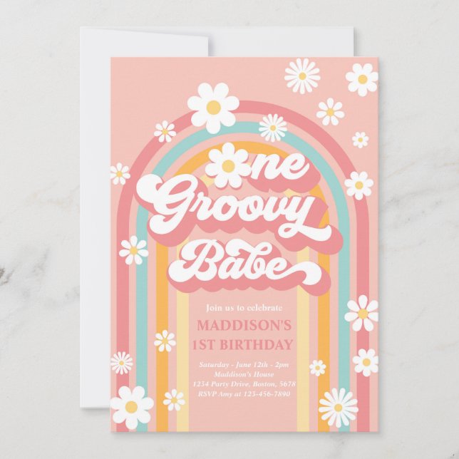 One Groovy Babe Boho Daisy Rainbow 1st Birthday Invitation (Front)