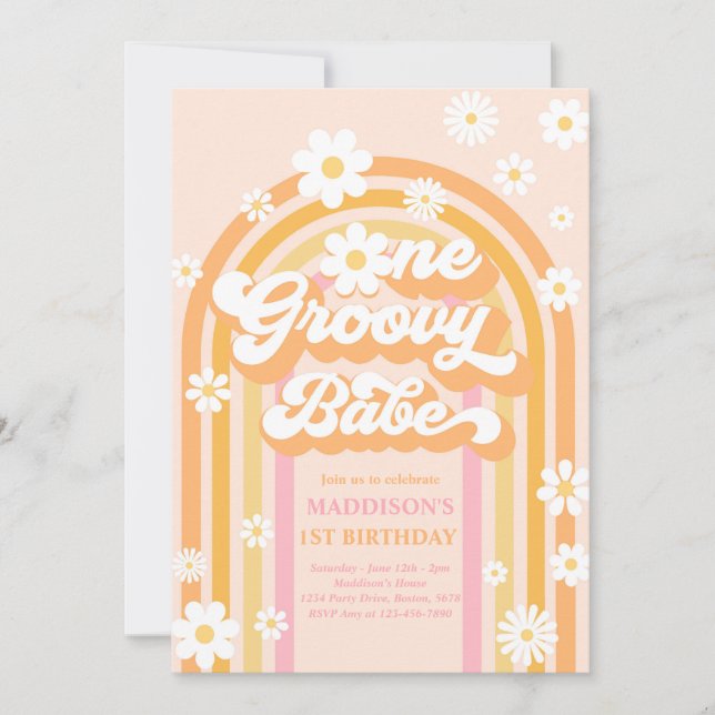 One Groovy Babe Boho Daisy Rainbow 1st Birthday Invitation (Front)